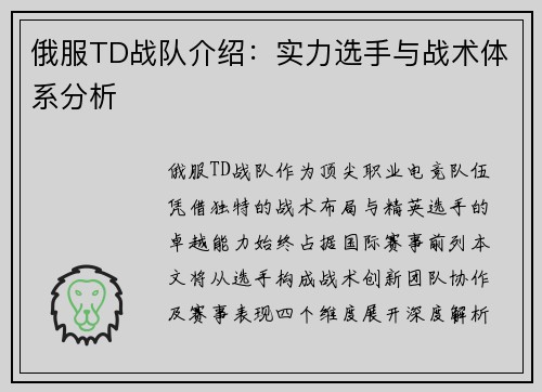 俄服TD战队介绍：实力选手与战术体系分析